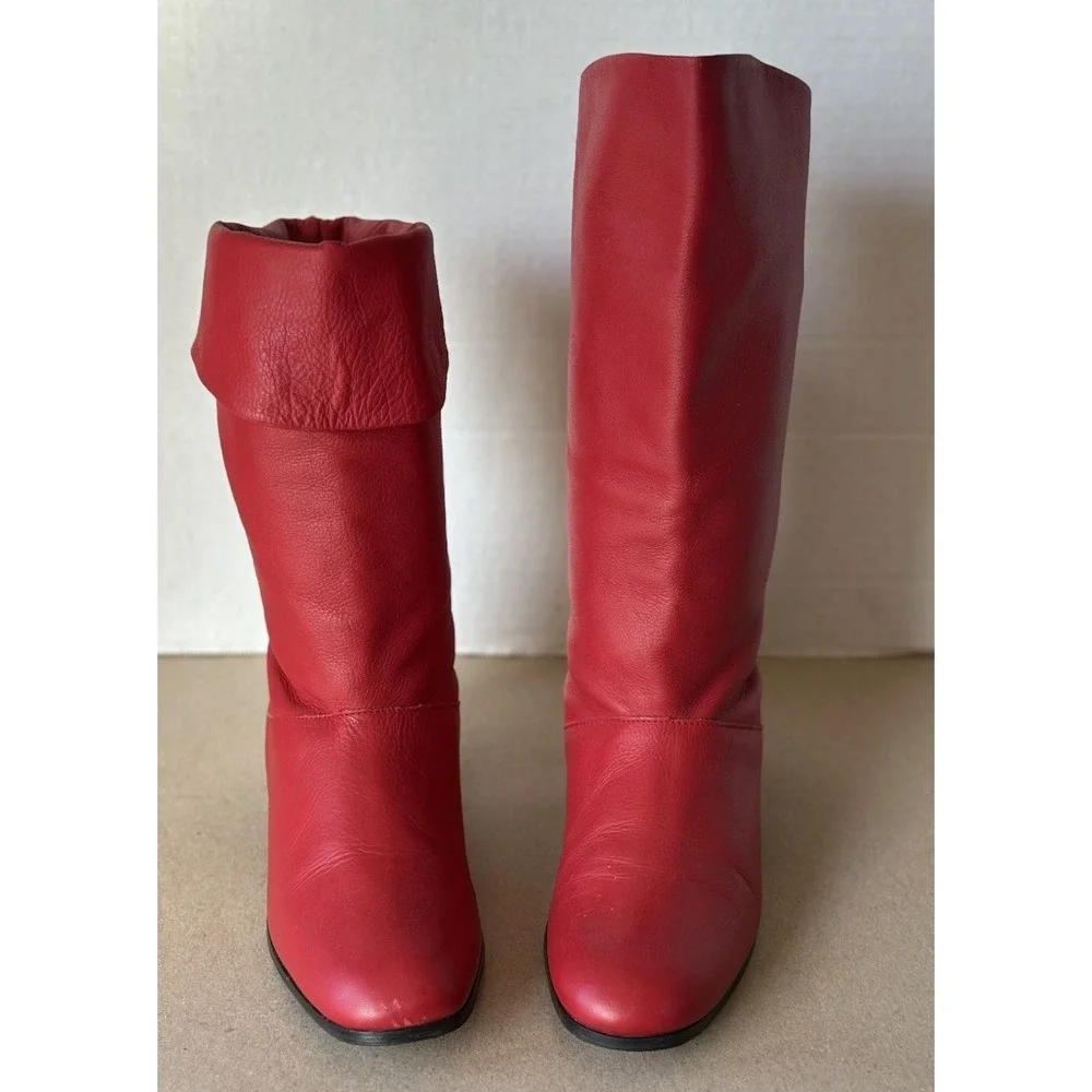 VTG Life Stride Red Leather Mid Calf‎ Boots 80s Slouch Peter Pan Boho Fold Over